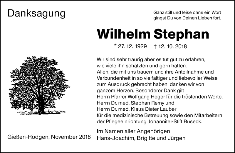  Traueranzeige für Wilhelm Stephan vom 10.11.2018 aus  Gießener Anzeiger