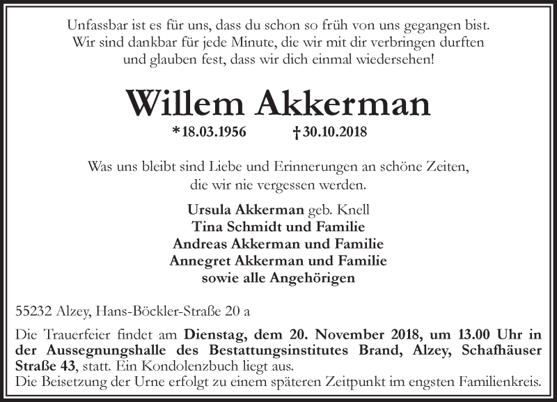  Traueranzeige für Willem Akkerman vom 03.11.2018 aus vrm-trauer