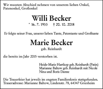 Traueranzeige von Willi Becker von vrm-trauer