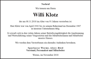 Traueranzeige von Willi Klotz von vrm-trauer