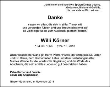 Traueranzeige von Willi Körner von vrm-trauer