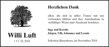 Traueranzeige von Willi Luft von  Kreisanzeiger