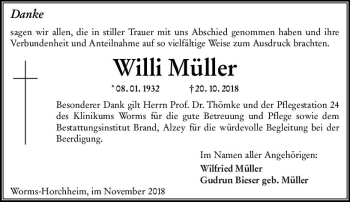 Traueranzeige von Willi Müller von vrm-trauer