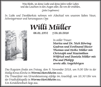 Traueranzeige von Willi Müller von vrm-trauer