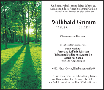 Traueranzeige von Willibald Grimm von vrm-trauer
