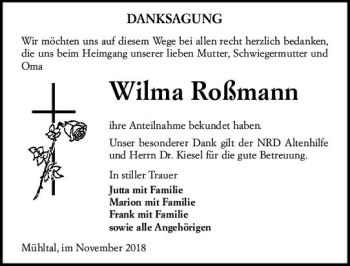 Traueranzeige von Wilma Roßmann von vrm-trauer