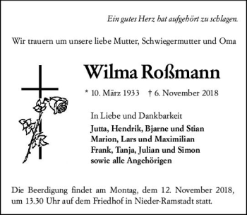 Traueranzeige von Wilma Roßmann von vrm-trauer