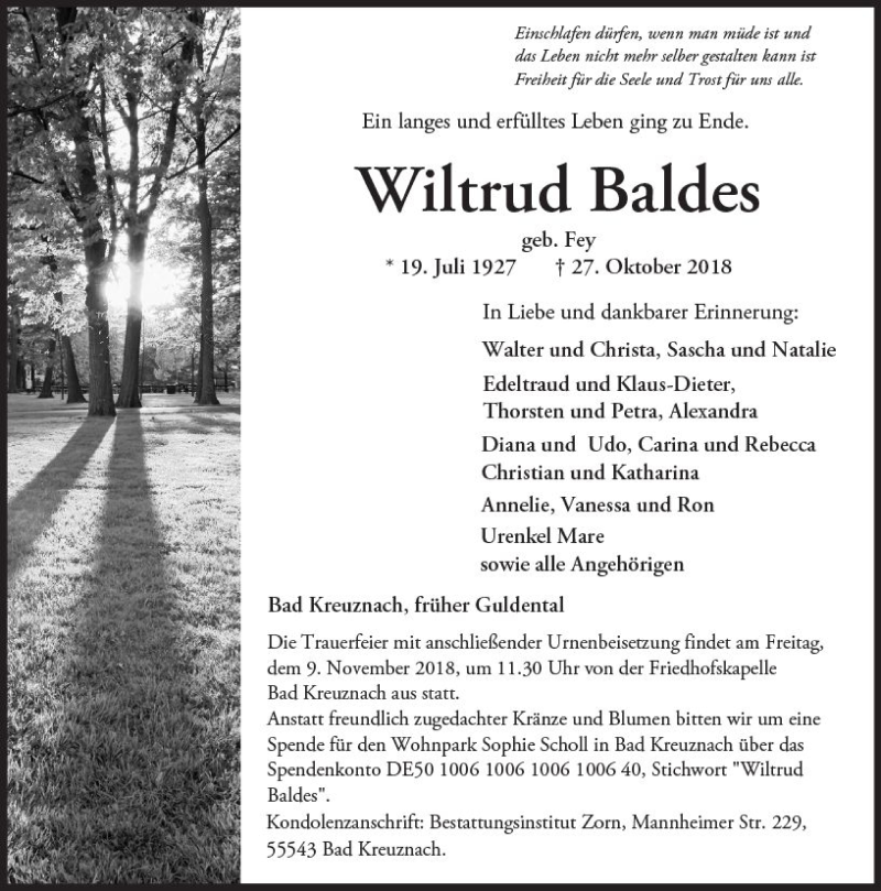  Traueranzeige für Wiltrud Baldes vom 06.11.2018 aus vrm-trauer