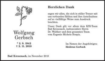 Traueranzeige von Wolfgang Gerbsch von vrm-trauer