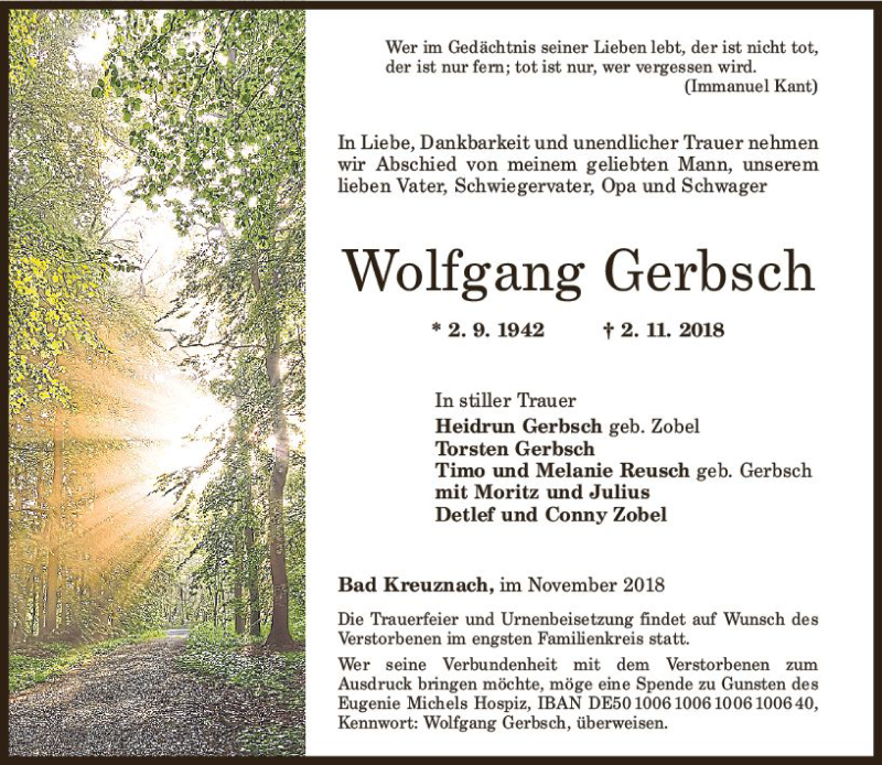  Traueranzeige für Wolfgang Gerbsch vom 07.11.2018 aus vrm-trauer