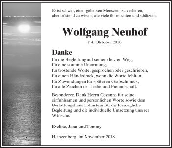 Traueranzeige von Wolfgang Neuhof von  Usinger Anzeiger