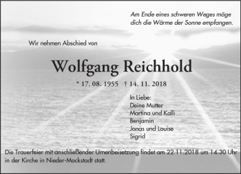Traueranzeige von Wolfgang Reichhold von  Kreisanzeiger