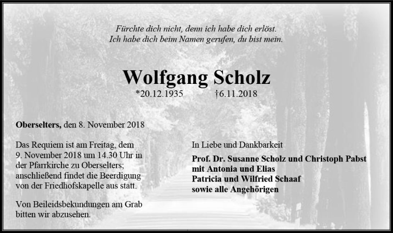  Traueranzeige für Wolfgang Scholz vom 08.11.2018 aus  Camberger Anzeiger