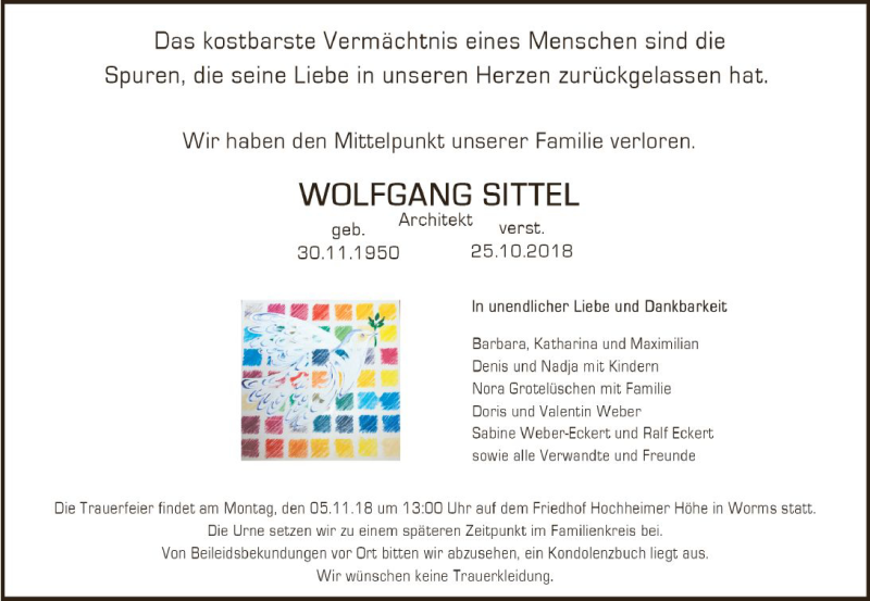  Traueranzeige für Wolfgang Sittel vom 02.11.2018 aus vrm-trauer