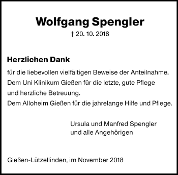 Traueranzeige von Wolfgang Spengler von  Gießener Anzeiger