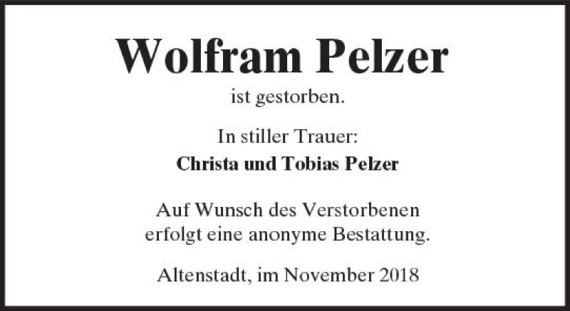  Traueranzeige für Wolfram Pelzer vom 24.11.2018 aus  Kreisanzeiger