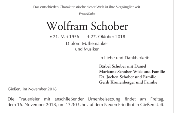 Traueranzeige von Wolfram Schober von  Gießener Anzeiger
