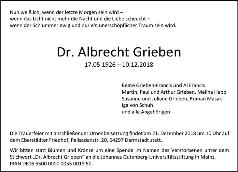  Traueranzeige für Albrecht Grieben vom 15.12.2018 aus vrm-trauer