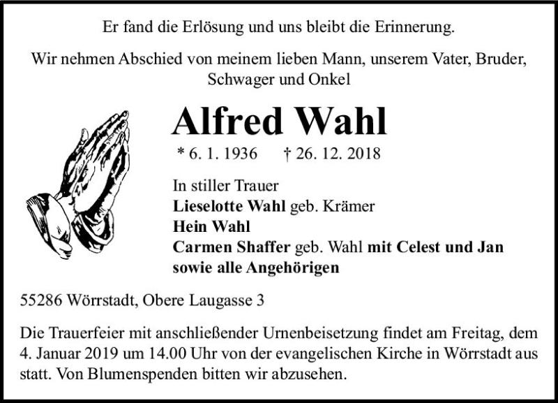  Traueranzeige für Alfred Wahl vom 31.12.2018 aus vrm-trauer
