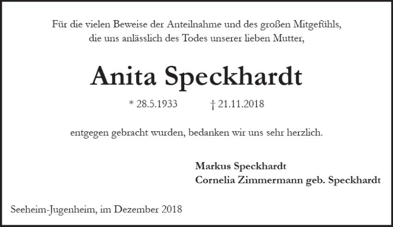  Traueranzeige für Anita Speckhardt vom 08.12.2018 aus vrm-trauer
