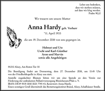 Traueranzeige von Anna Hardy von vrm-trauer