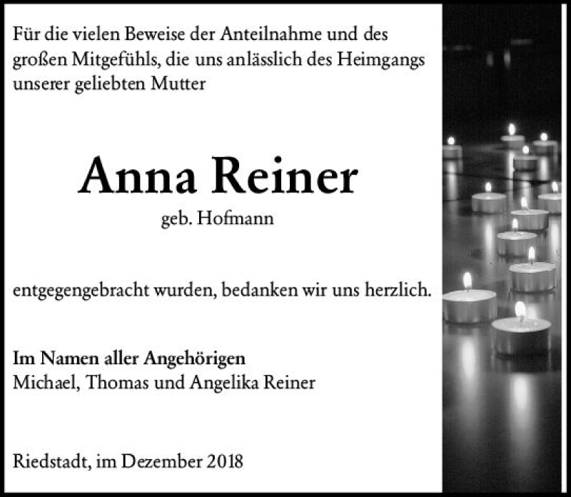  Traueranzeige für Anna Reiner vom 29.12.2018 aus vrm-trauer