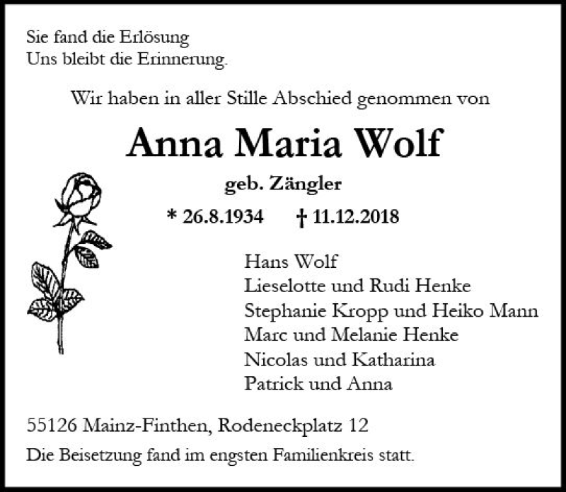  Traueranzeige für Anna Maria Wolf vom 22.12.2018 aus vrm-trauer