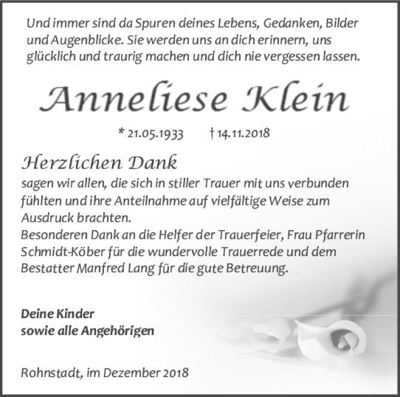  Traueranzeige für Anneliese Klein vom 29.12.2018 aus  WT - Weilburger Tageblatt ()