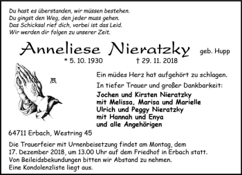 Traueranzeige von Anneliese Nieratzky von vrm-trauer