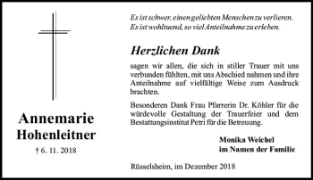 Traueranzeige von Annemarie Hohenleitner von vrm-trauer