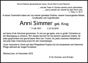 Traueranzeige von Anni Simmer von  HA - Hinterländer Anzeiger ()