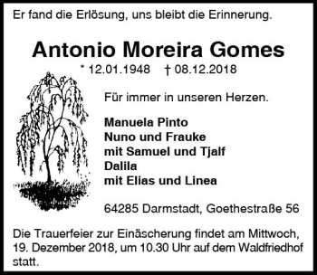 Traueranzeige von Antonio Moreira Gomes von vrm-trauer