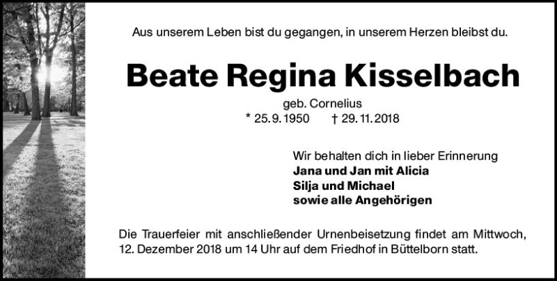  Traueranzeige für Beate Regina Kisselbach vom 08.12.2018 aus vrm-trauer