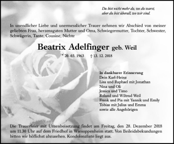 Traueranzeige von Beatrix Adelfinger von vrm-trauer