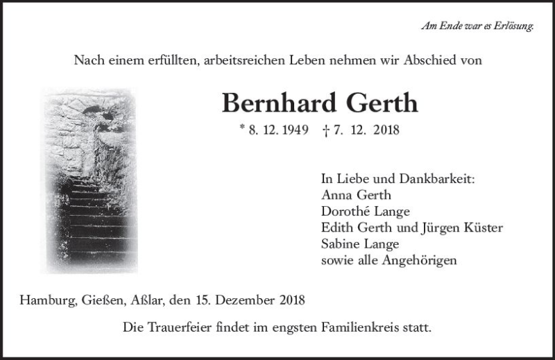  Traueranzeige für Bernhard Gerth vom 15.12.2018 aus  Gießener Anzeiger