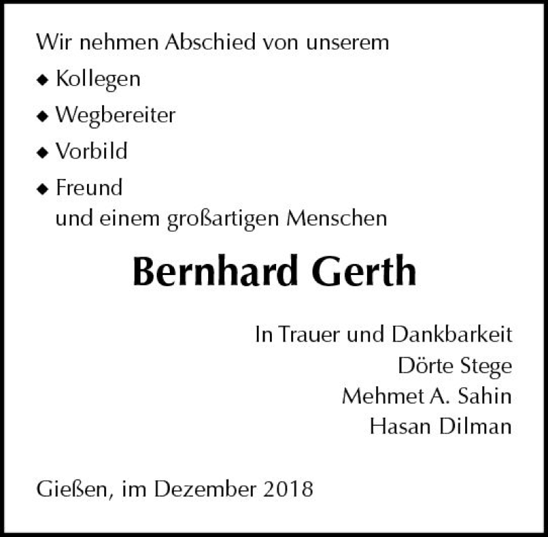  Traueranzeige für Bernhard Gerth vom 15.12.2018 aus  Gießener Anzeiger