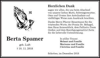 Traueranzeige von Berta Spamer von  Kreisanzeiger