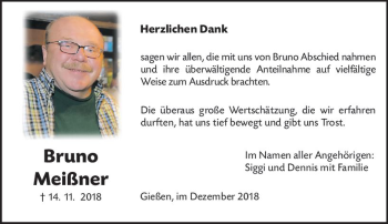 Traueranzeige von Bruno Meißner von  Gießener Anzeiger
