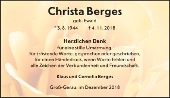 Traueranzeige von Christa Berges von vrm-trauer