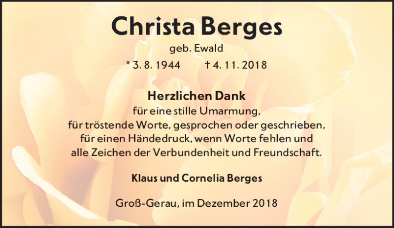  Traueranzeige für Christa Berges vom 08.12.2018 aus vrm-trauer