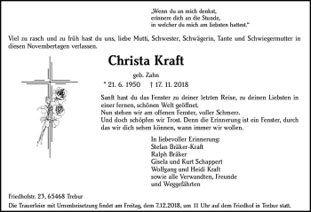 Traueranzeige von Christa Kraft von vrm-trauer