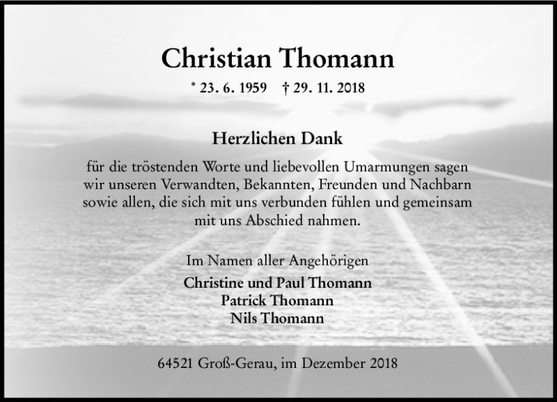  Traueranzeige für Christian Thomann vom 29.12.2018 aus vrm-trauer