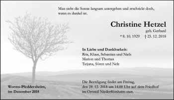 Traueranzeige von Christine Hetzel von vrm-trauer