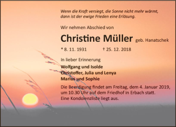 Traueranzeige von Christine Müller von vrm-trauer