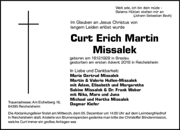 Traueranzeige von Curt Erich Martin Missalek von vrm-trauer