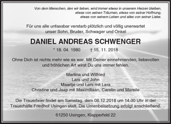 Traueranzeige von Daniel Andreas Schwenger von  Usinger Anzeiger