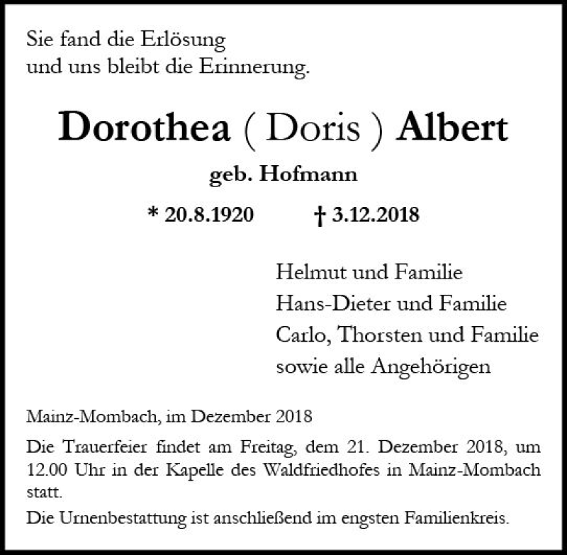  Traueranzeige für Dorothea  Albert vom 15.12.2018 aus vrm-trauer