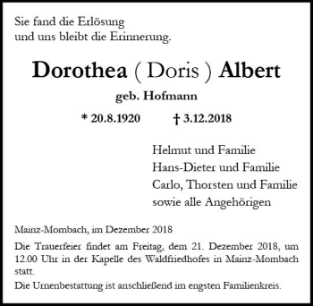 Traueranzeige von Dorothea  Albert von vrm-trauer