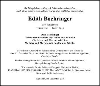 Traueranzeige von Edith Boehringer von vrm-trauer