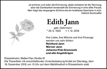 Traueranzeige von Edith Jann von vrm-trauer
